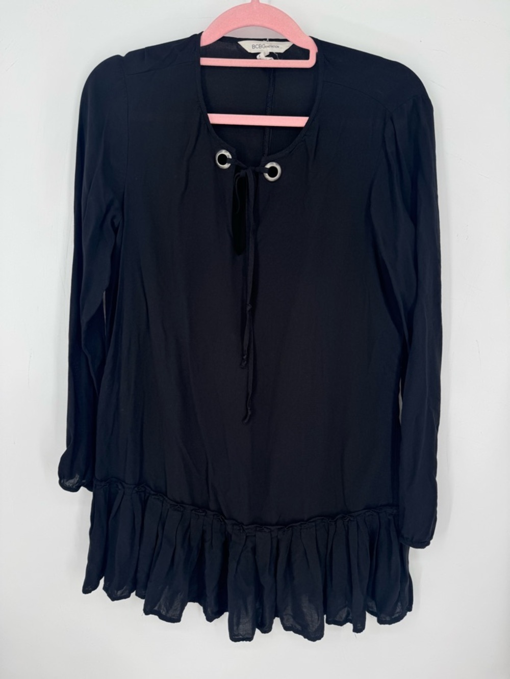 BCBGeneration Black Tie-Neckline Ruffle Hem Mini Dress Size Small